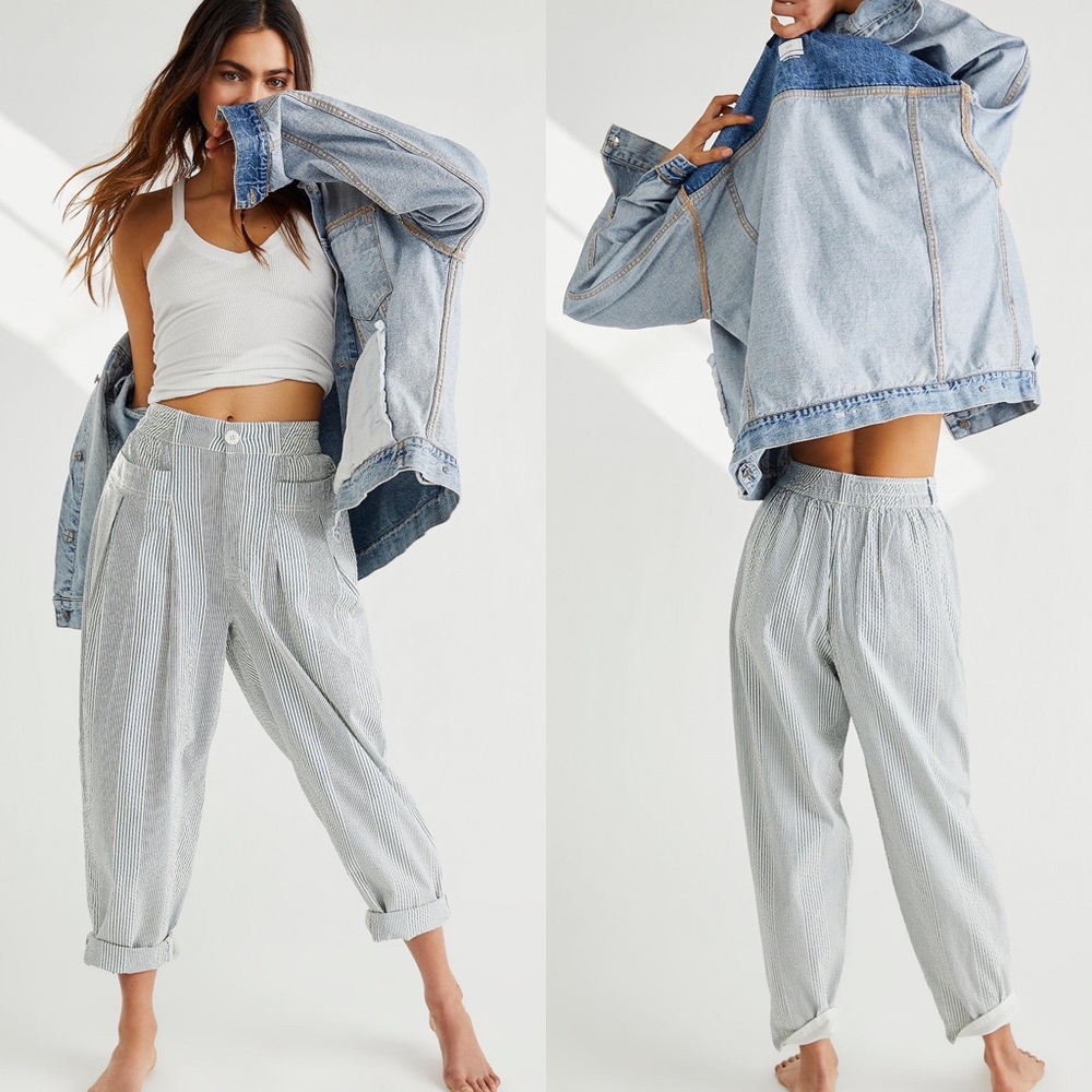 Free People Make A Stand Trousers Blue & White Combo Seersucker Size Small